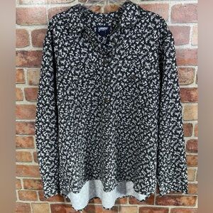Black ditsy Floral Button front long sleeve pullover Shirt L petite by Lands End